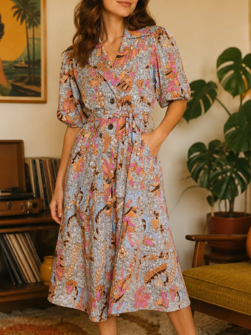 Inc International Concept Pink Orange Belted Button Floral Retro Dress